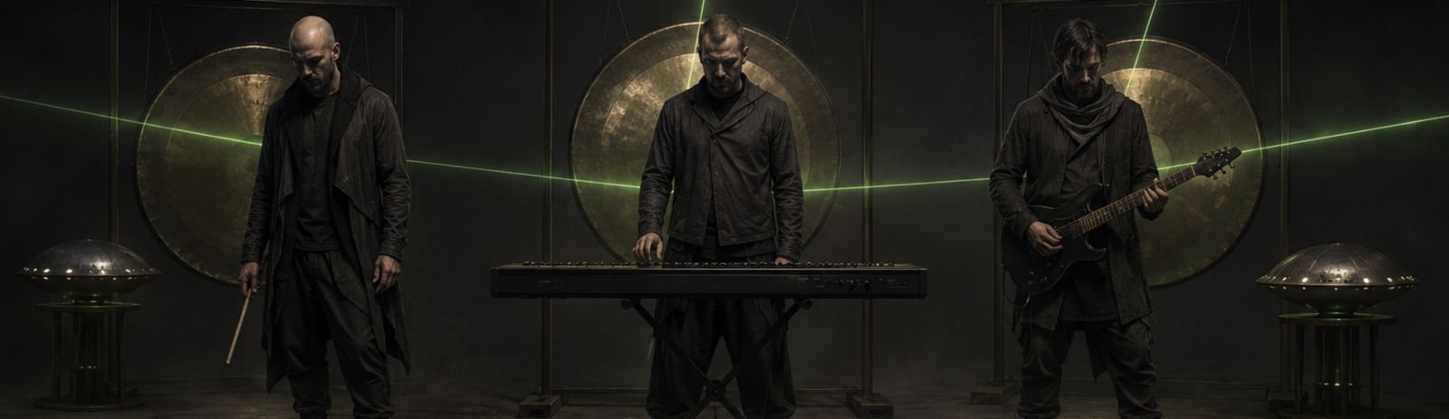 The three members of 3Gongs performing in front of giant bronze gongs lit by green lasers